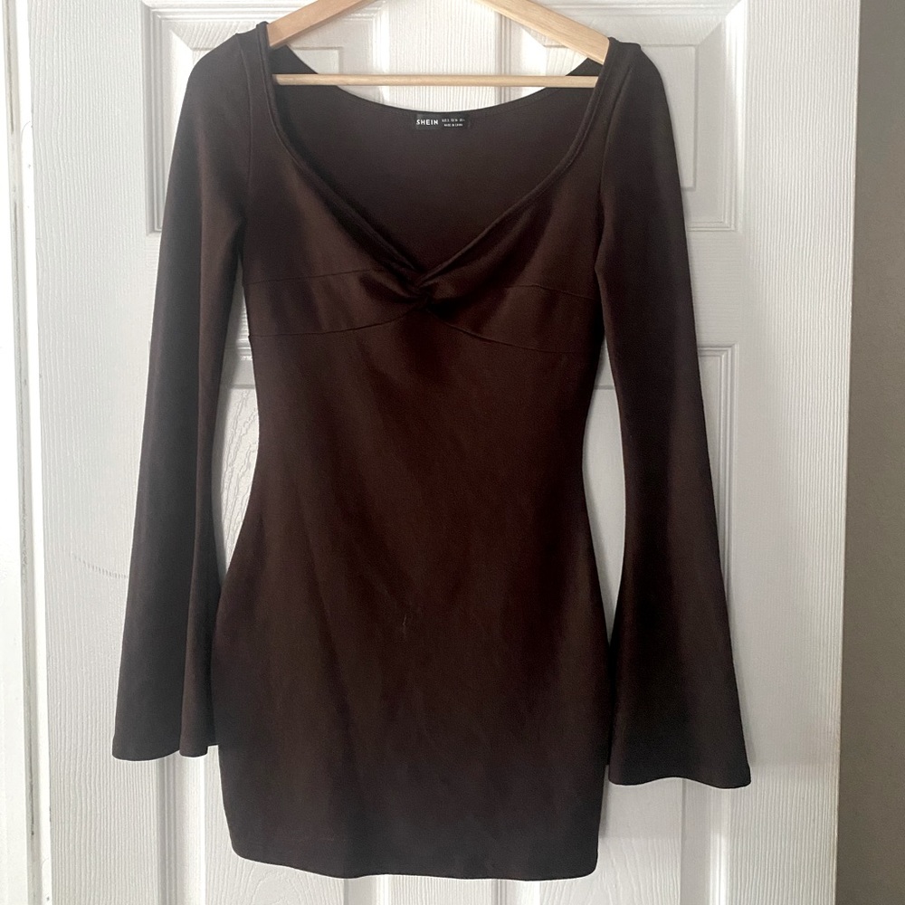 Womens brown mini dress flared sleeve